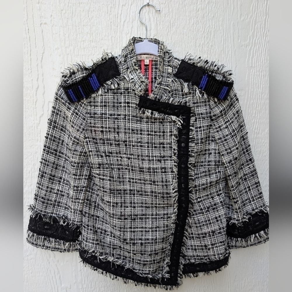RACHEL ROY Safety Pin Beaded Fringe Tweed Blazer Jacket Black & White Size 4